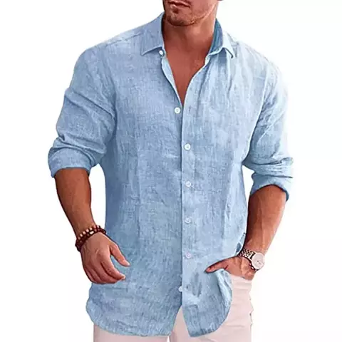 Camisa de manga longa, linho e algodão, casual elegante, cor sólida. Grif Domo - comprar online