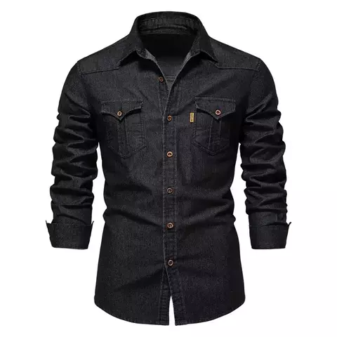 Camisa jeans de algodão elástico, monocromática, casual, alta qualidade. Grif Domo - comprar online