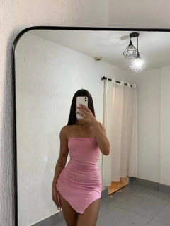 Vestido Curto Colado Tubinho Tomara Que Caia Fenda E Franzir