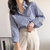 Clássico listrado mulher primavera outono blusas camisa senhora longa lanterna manga gola solta blusas topos - LUXE