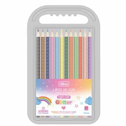 Lápis de Cor com 12 cores Redondo com Corpo Glitter