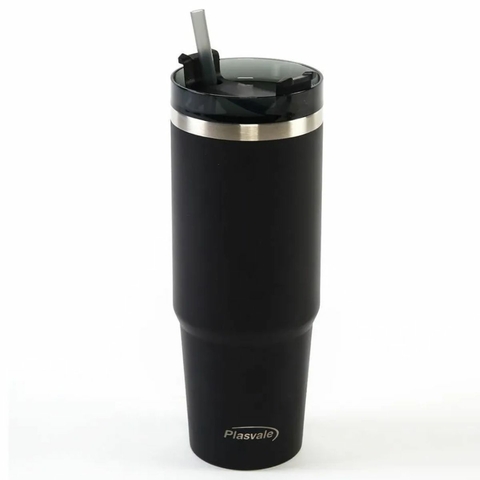 Copo Térmico Com Canudo Preto 900Ml Plasvale