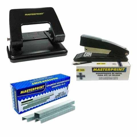 Kit Escritório Grampeador Perfurador + Grampos 26/6
