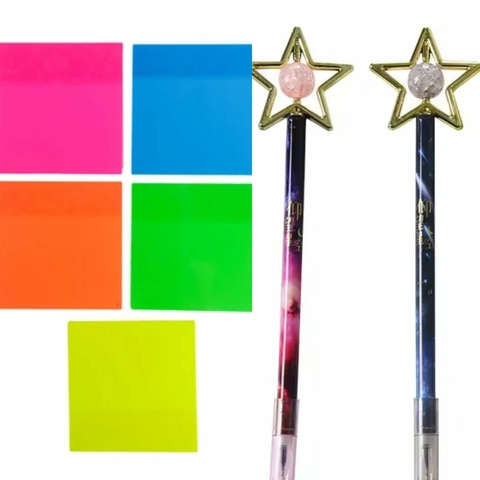 Kit Bloco Adesivo Transp Neon 76x76 com 50 Fls + 2 Canetas