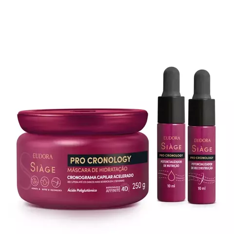 Combo Siàge Pro Cronology: Máscara de Hidratação 250g + Potencializador de Nutrição 10ml + Potencializador de Reconstrução 10ml