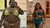 Foto comparativa de antes e depois mostrando transformação corporal de mulher com roupas de banho e vestido