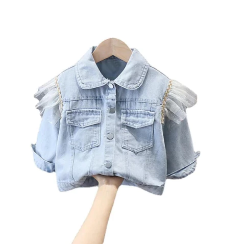Jaqueta Infantil Jeans Gatinho com Manga Voal – Delicada e Estilosa