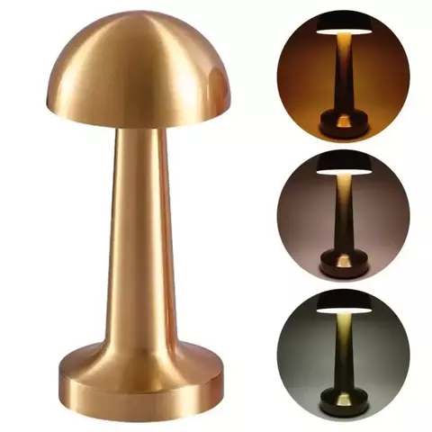Luminária de Mesa Cogumelo em Metal Dourado com Display Touch e Recarregável via Cabo USB - 23cm