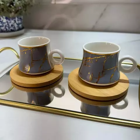 Jogo com 2 Xícaras de Café em Porcelana com Pires de Bambu 4 Peças - 80ml