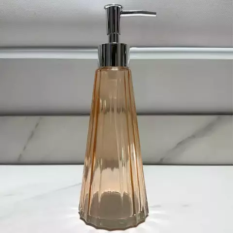 Porta Sabonete Líquido em Vidro Canelado Transparente Alaranjado e Detalhe Prateado – 22x8cm