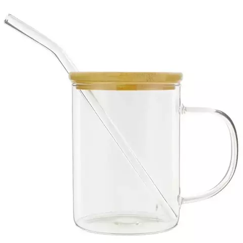 Caneca de Vidro com Tampa de Bambu e Canudo de Vidro - 400ml