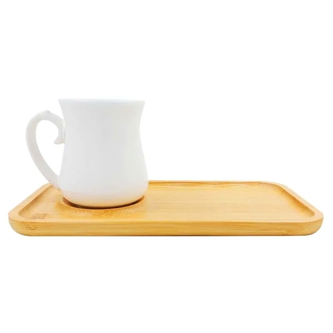 Xícara de Cerâmica Branca com Pires de Bambu 18x7,5cm