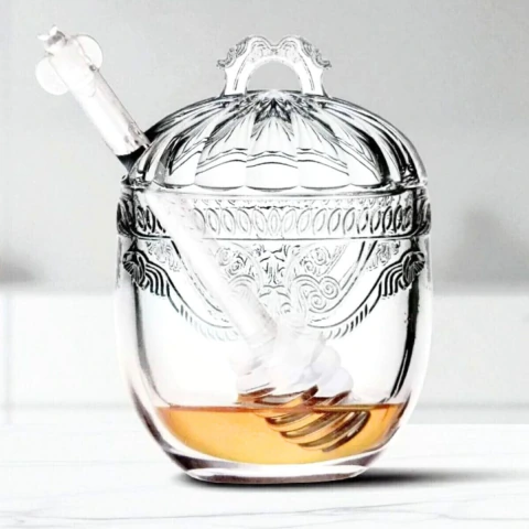 Meleira Imperial em Cristal Ecológico com Tampa e Colher Bee para Mel com Capacidade de 240ml