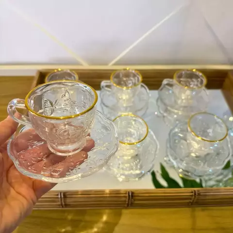 Jogo com 6 Xícaras de Café e Pires em Cristal Ecológico New Butterfly com Fio de Ouro – 80ml