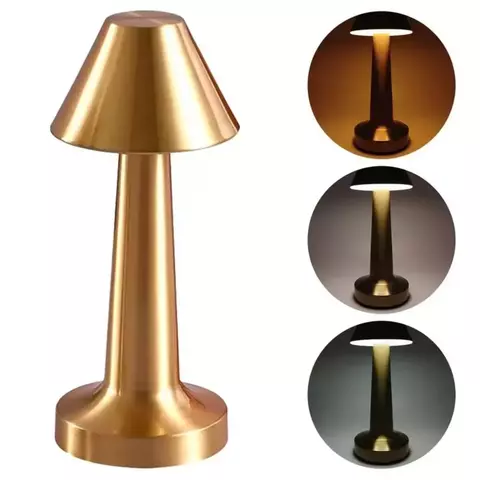 Luminária de Mesa Cone em Metal Dourado com Display Touch e Recarregável via Cabo USB – 23,5cm