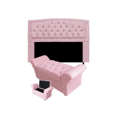 Cabeceira Geovana e Calçadeira Veneza Baú Solteiro 90cm Suede Rosa Bebe -