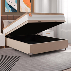 Cama Box Baú Casal Colchão Molas Ensacadas Real 138x188x68cm Branco / Bege - Suporta até 130Kg - Mb Outlet Moveis