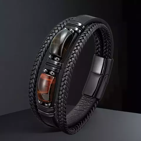 Pulseira de Couro com Pedra Vulcânica – Estilo Masculino & Equilíbrio Natural