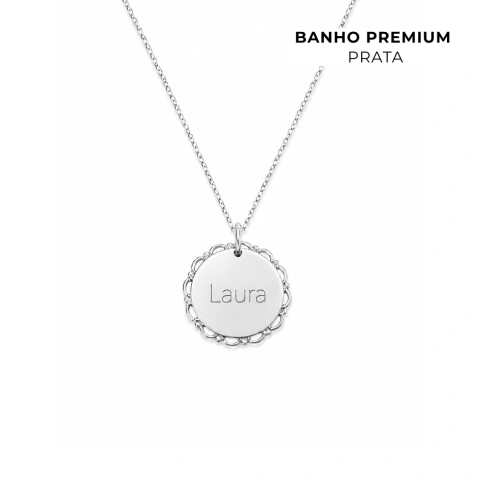 Colar Medalha Redonda M Detalhada Personalizada Banho Prata