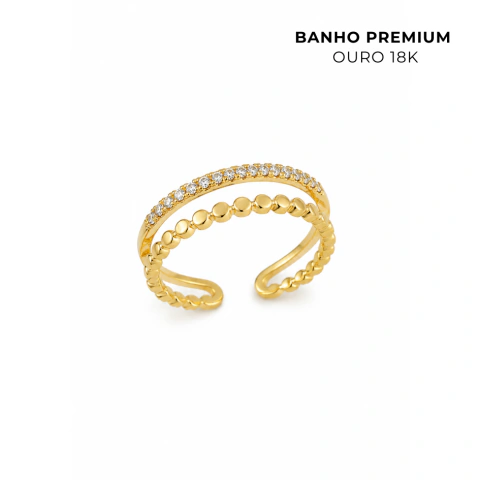 Anel Regulável Duplo Zircônias Banho Premium Ouro 18K