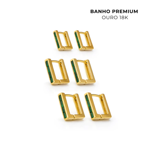 Trio De Brincos Retangulares Esmeralda Banho Ouro 18K