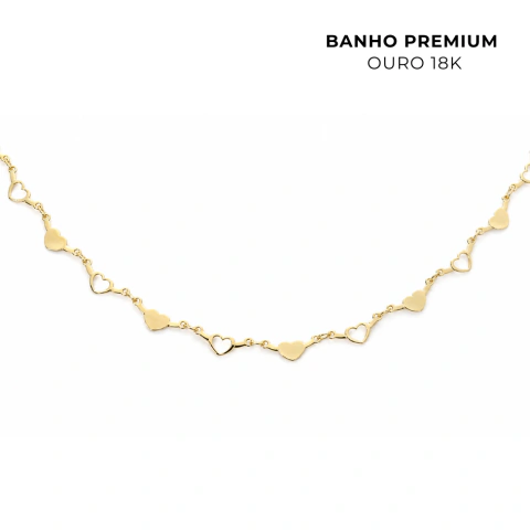 Chocker Corações Lisos E Vazados Banho Ouro 18K