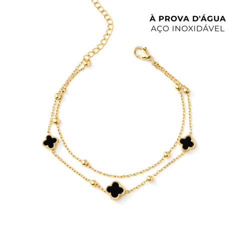 Pulseira Dupla Bolinhas E Trevinhos Pretos Aço Inoxidável Dourado