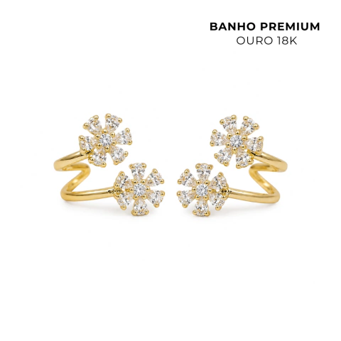 Brinco Ear Cuff Flores Zircônias Banho Ouro 18K