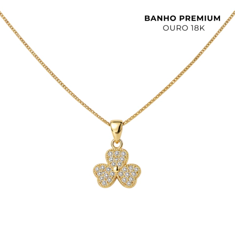 Colar Trevo Zircônias Banho Ouro 18K