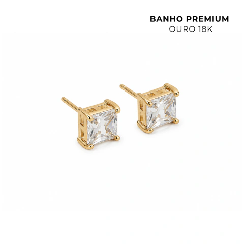 Brinco Ponto De Luz Zircônia Carré 6mm Banho Ouro 18K