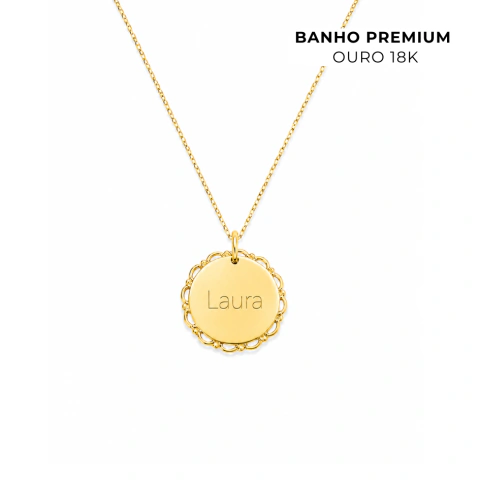Colar Medalha Redonda M Detalhada Personalizada Banho Ouro 18K