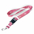Cordão personalizado para crachá com fecho tipo mochileiro, na cor rosa com estampa. Medida de 20mm.