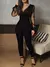 Macacão Sheer Mesh Glitter Ruched Wrap para Mulheres, Manga Longa, Decote V