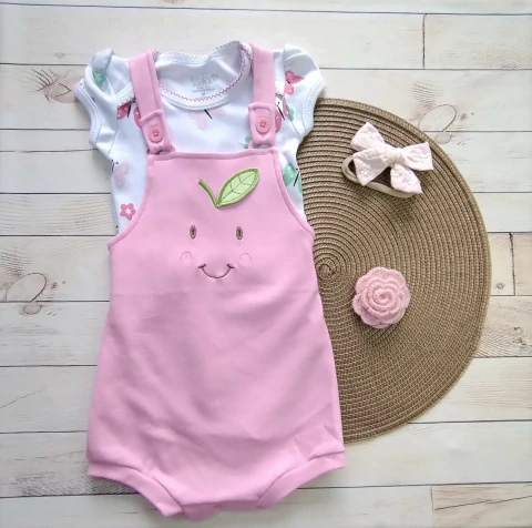 Jardineira Romper Bebê Menina Bordado Frutinha Body Estampado