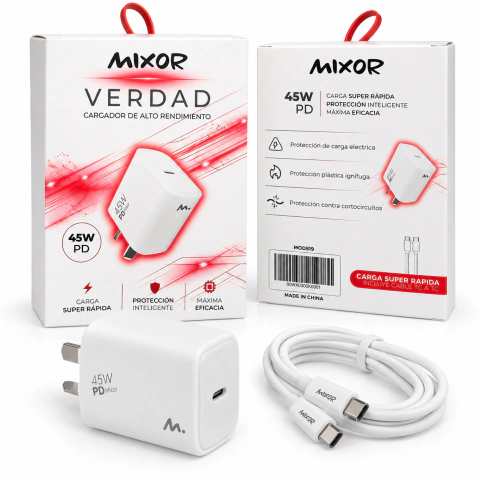 Cargador Mixor Verdad 45 W PD con Cable Tipo C a Tipo C