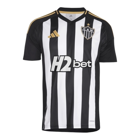 Camisa Atlético Mineiro I 25/26 - Torcedor Adidas Masculina - Preta com listras brancas com detalhes em amarelo e Com Patrocínio
