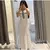 Elegante denim retalhos de malha vestido longo moda feminina decote em v manga c - Bela Essência