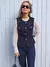 Colete feminino tweed com cinto, gola redonda, sem mangas, botão frontal, casac