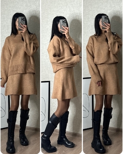 Conjunto Feminino de Tricô 2 Peças – Blusa Manga Longa e Saia Mini Cintura Alta - jowlife