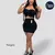 Modelo luciendo conjunto falda short con blusa M022 en color negro, ajustado al cuerpo, ideal para uso casual o salidas