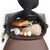 Bolsa feminina de ombro em couro preto com detalhes em marrom, mostrada em quatro ângulos diferentes: frente, lateral, traseira e base