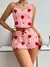 Conjunto de pijama feminino com estampa de morango, malha canelada de seda gelad