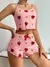 Conjunto de pijama feminino com estampa de morango, malha canelada de seda gelad - Da3 styles