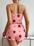 Conjunto de pijama feminino com estampa de morango, malha canelada de seda gelad na internet