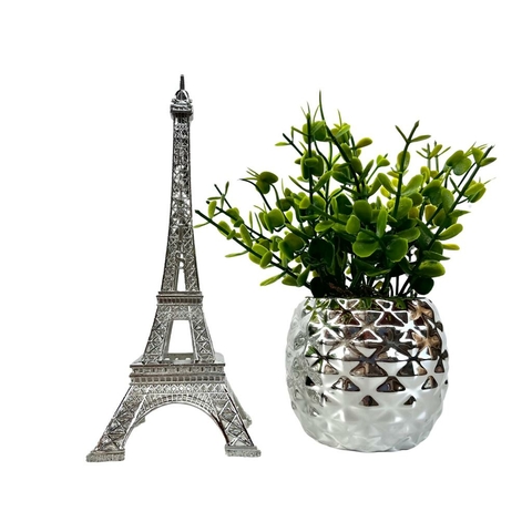 Dupla vaso prata de cerâmica e enfeite Torre Eiffel de metal