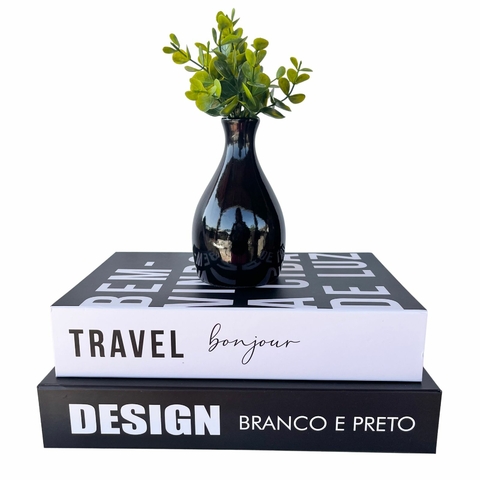 Decoração dupla livro caixa + vaso garrafa preto cerâmico