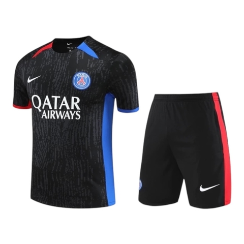 Kit Treino adulto - Camisa e Shorts - Paris Saint-Germain Nike 24/25 - Preto com detalhes em azul e vermelho
