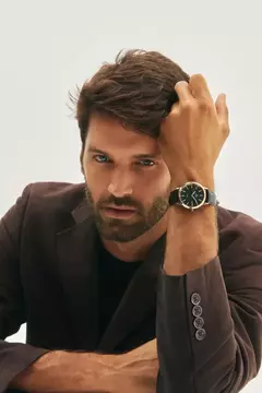 Relógio Masculino Belmont Date Rosé Gold Couro Preto com Fundo Verde Esmeralda - comprar online