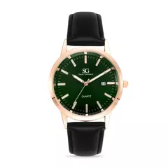 Relógio Masculino Belmont Date Rosé Gold Couro Preto com Fundo Verde Esmeralda