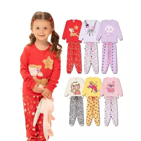 Kit Sonhos Aconchegantes - 3 pijamas infantis menina ( manga longa + calças )